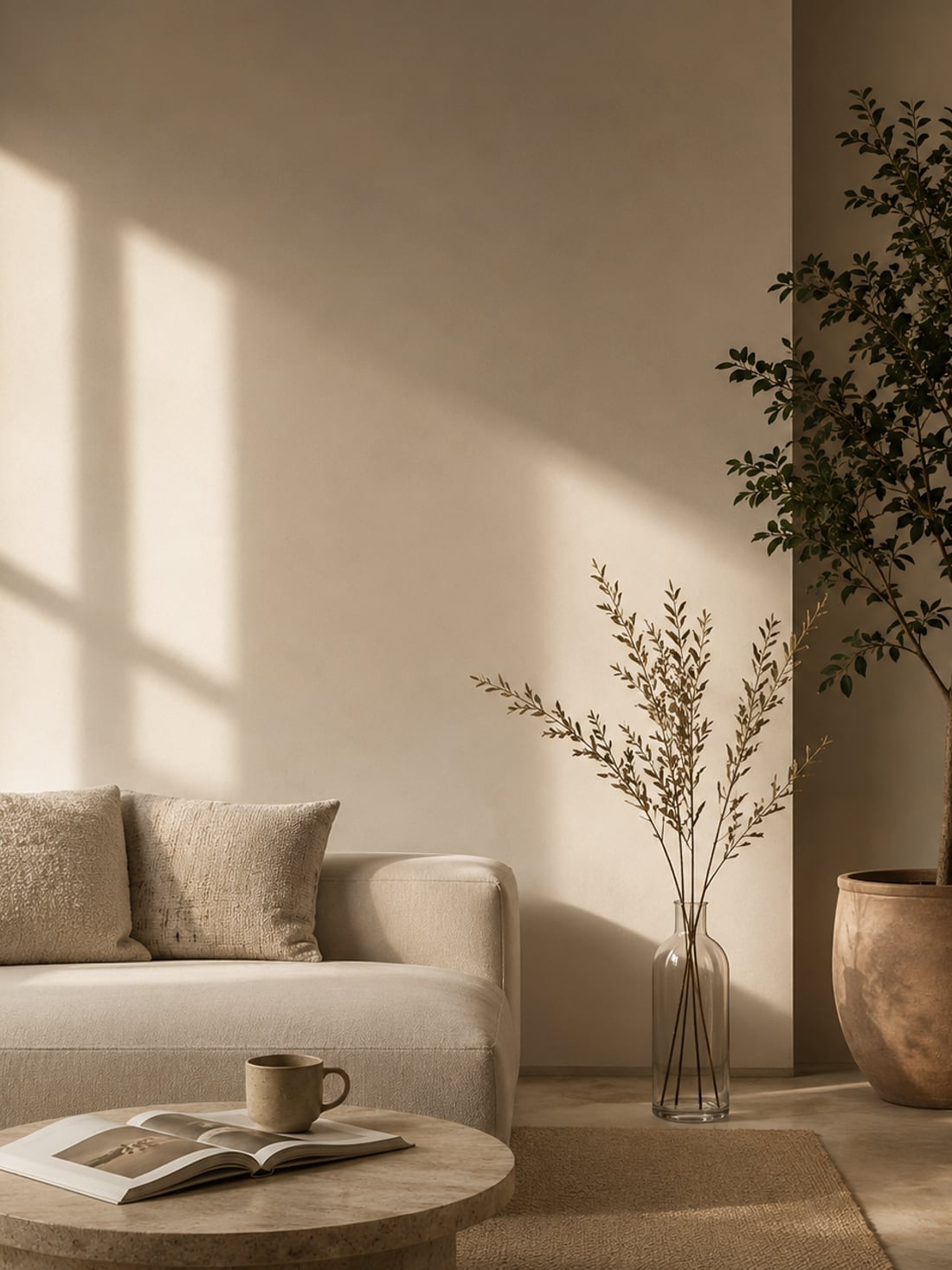 Living minimalist cu pereți vopsiți în nuanțe calde